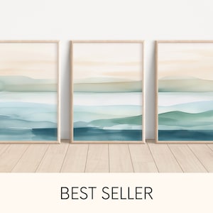 Beach Watercolor Wall Art Set of 3 Piece Wall Art Teal Wall Decor Minimalist Wall Art Ocean Dusk Art Print Beach House Decor Vacation Home