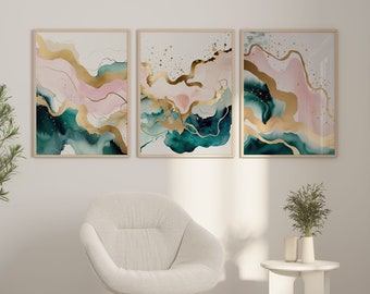 Blush Pink & Teal Watercolor Art Prints, Set of 3 (Digital Download)