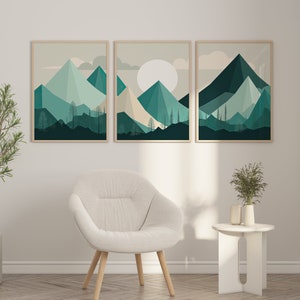 Teal Mountain Landscape Wall Art Set of 3, Abstract Prints, Nordic Home Decor, Teal Modern Printable Wall Art Bundle