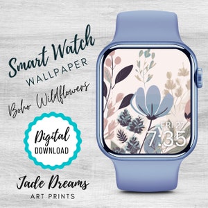 May include: A digital watch face with a floral design in shades of blue, pink, and green. The watch face displays the date and time, "FRI 27 7:35". The text "Smart Watch Wallpaper Boho Wildflowers Digital Download Jade Dreams Art Prints" is visible below the watch.