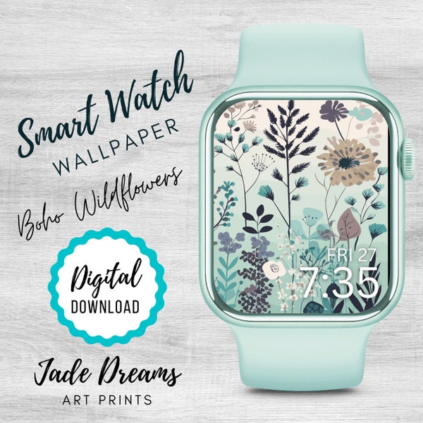 Boho Wildflowers Smart Watch Wallpaper, Single, Digital Download, Bohemian Wild Flower Floral Background, Teal Mint Green Purple Blue Ivory