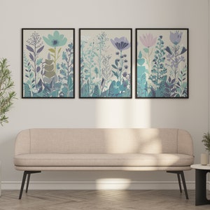 Floral Wall Art Set of 3, Bohemian Wildflowers 3 Piece Wall Art Set, Wild Flower Art Prints, Modern Decor Minimalist Pink Aqua Teal Purple