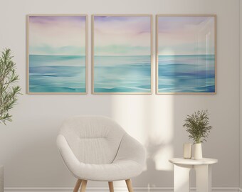 Set di stampe artistiche ad acquerello "Tramonto sulla costa", per decorazioni di case al mare (download digitale)