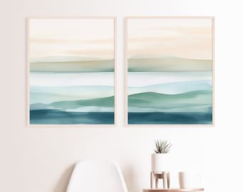 Beach Wall Art Set of 2 Vacation Home Decor Ocean Waves Wall Art Teal Beach Decor Seascape Wall Art Coastal Home Decor Abstract Beach Art