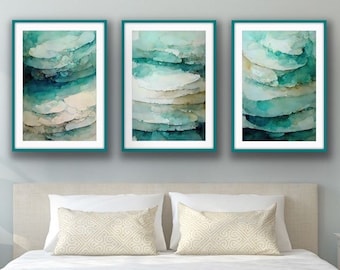 Seaside Watercolor Art Print Set, Teal Blue Coastal Decor (Digital Download)