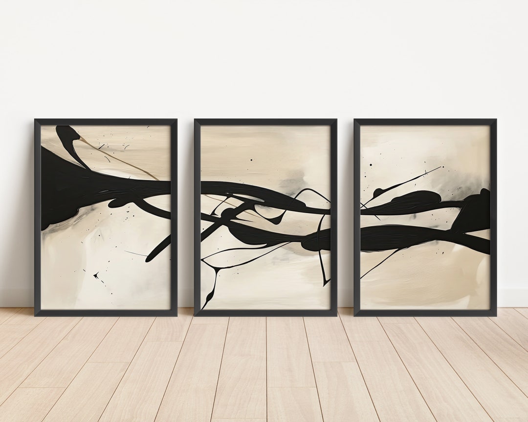 Modern Neutral Abstract Printable Wall Art Set of 3 Black and Ivory ...