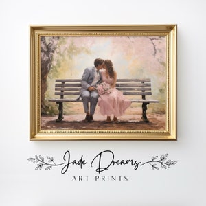 Printable Vintage Lovers on Park Bench Wall Art Digital Download, Wedding Gift Couple Painting Woman Pink Dress Flower Romantic Spring Print