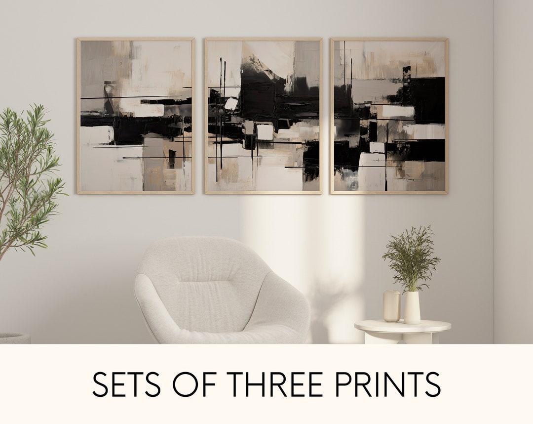 Modern Neutral Abstract Printable Wall Art Set of 3 Black and Beige ...