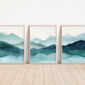 Teal Mountains Wall Art Set of 3 Piece Wall Art Prints Teal Watercolor ...