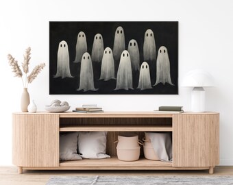 May include: A black and white illustration of a group of ghosts with white outlines and black eyes. The ghosts are arranged in a staggered formation on a black background.