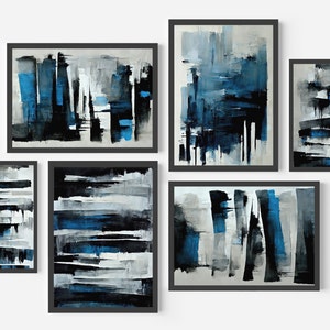 Blue Black Gallery Wall Art Set of 6 Abstract Art bundle gallery wall set, aesthetic room decor, blue black grey white, gallery wall prints