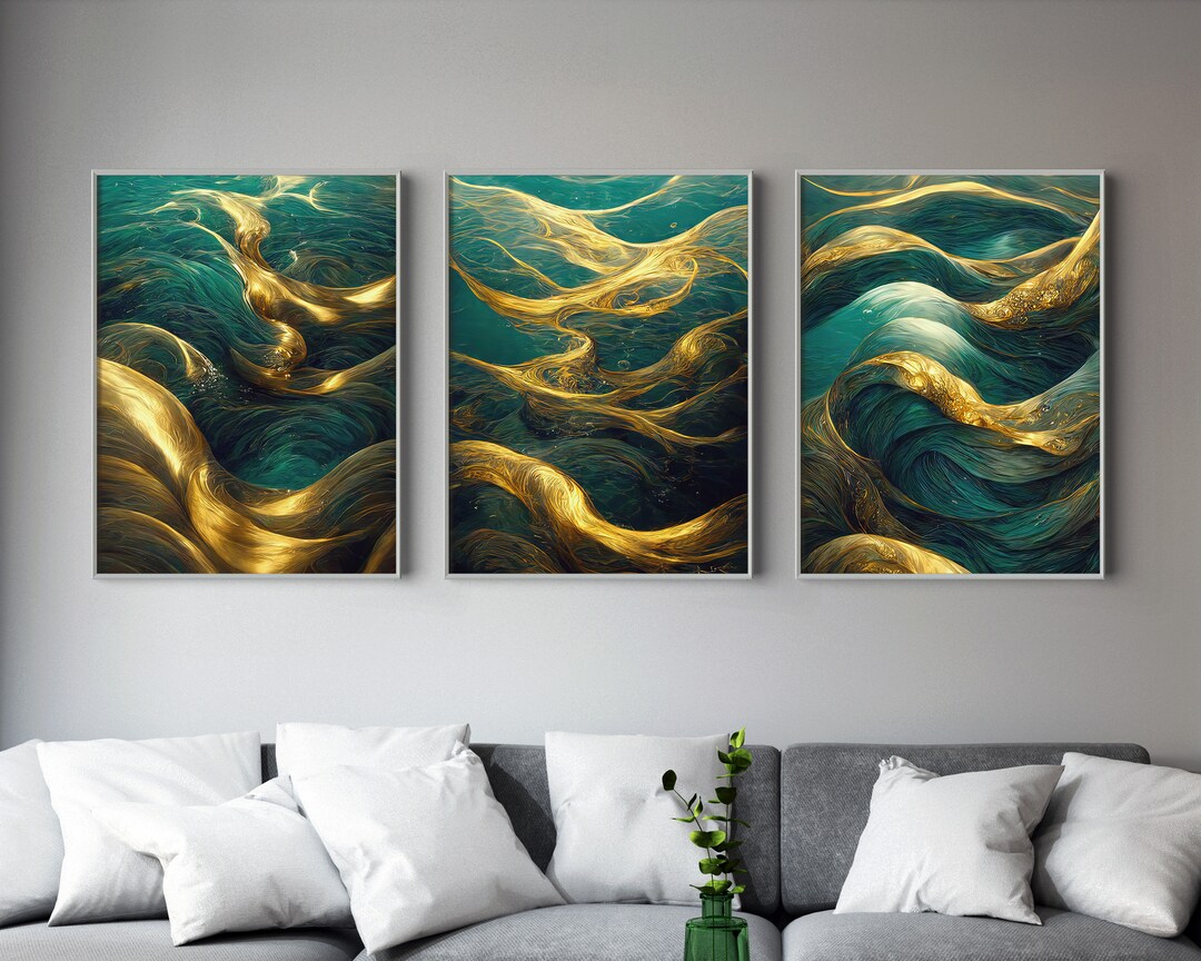 Gold Waves Wall Art Set of 3 Piece Wall Art Dark Teal Wall Art Bundle