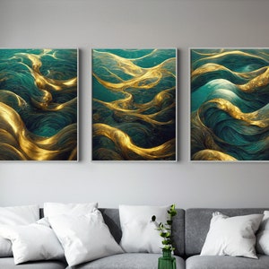 May include: Three abstract art prints featuring swirling gold and teal waves. The prints are framed in a simple, modern style.