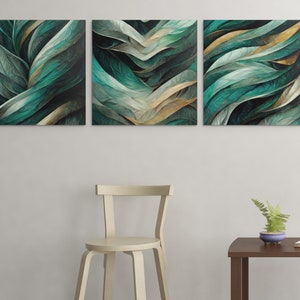 Modern Green Wall Art Set of 3, Printable Digital Wall Art, Abstract Teal Art Prints, Boho Line Art, Minimalist Wall Decor, Home Office Art
