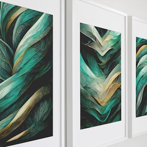 Green Abstract Wall Art Set of 3 Piece Wall Art Emerald Green Printable ...