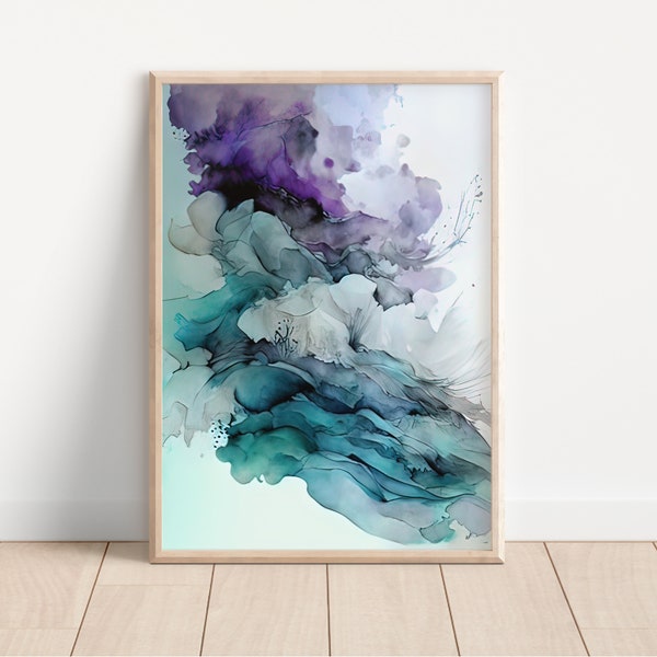 Violet Teal Watercolor Wall Art Single Print, A, Printable Wall Art Bundle, 3D Wall Art, Apartment Decor, aesthetic room decor, jade purple