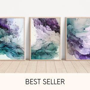 Violet Teal Watercolor Wall Art, Set of 3, ABC, Printable Wall Art Bundle, 3D Wall Art, Apartment Decor, aesthetic room decor, jade purple