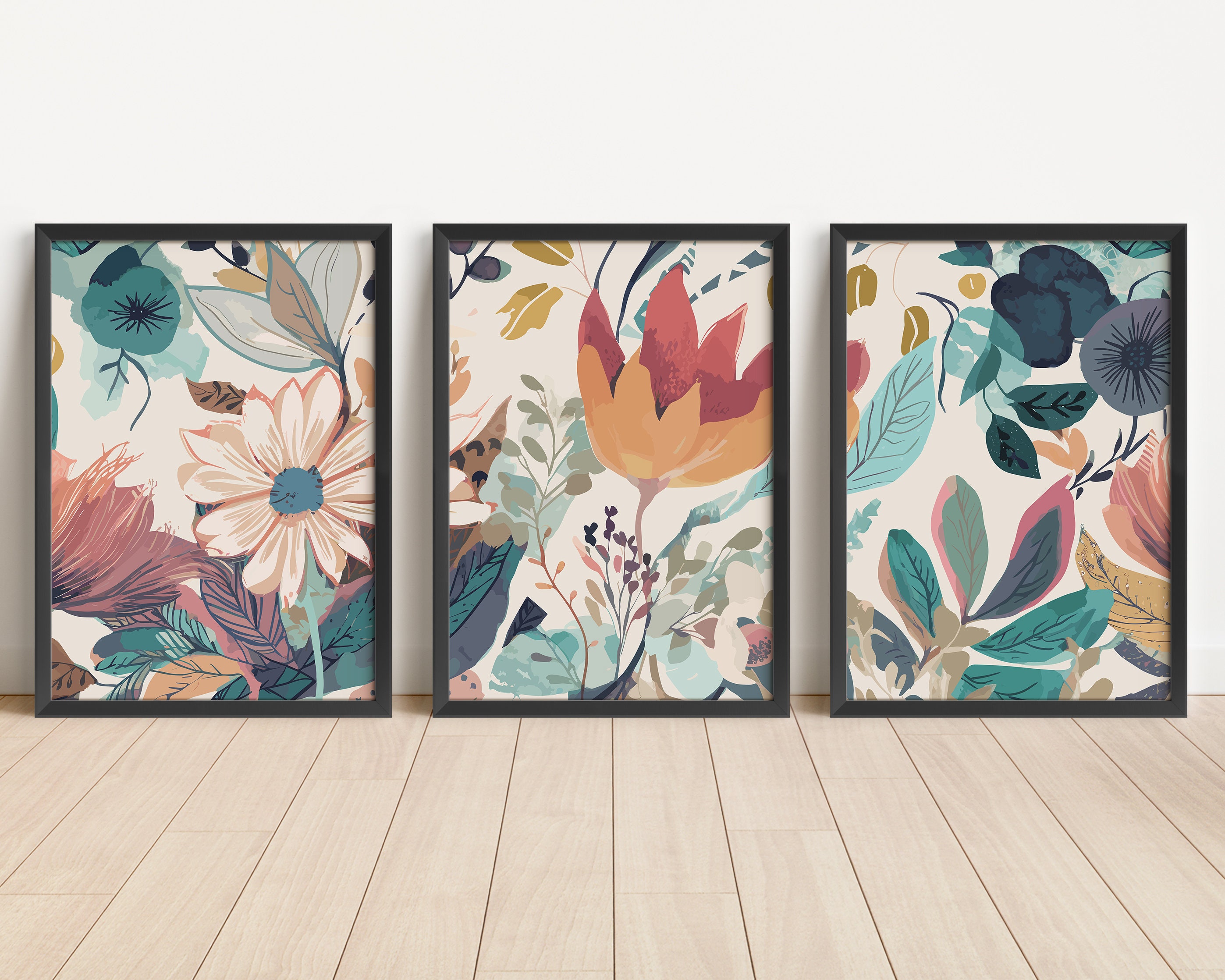 Floral Wall Art Set of 3 Piece Wall Art Set Bohemian Style Coral Mint ...