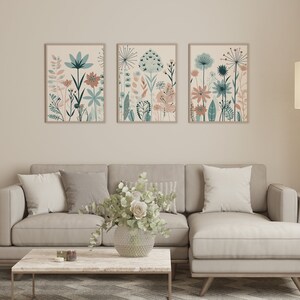 Boho Wild Flowers Wall Art Set of 3, Bohemian Wildflowers 3 Piece Wall ...