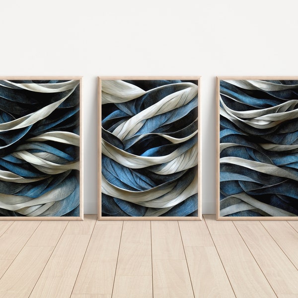 Blue Swirls Wall Art Set of 3, Printable Wall Art Bundle, Digital Print, 3D Wall Art, Aesthetic Room Decor, blue gray teal black, AI Art