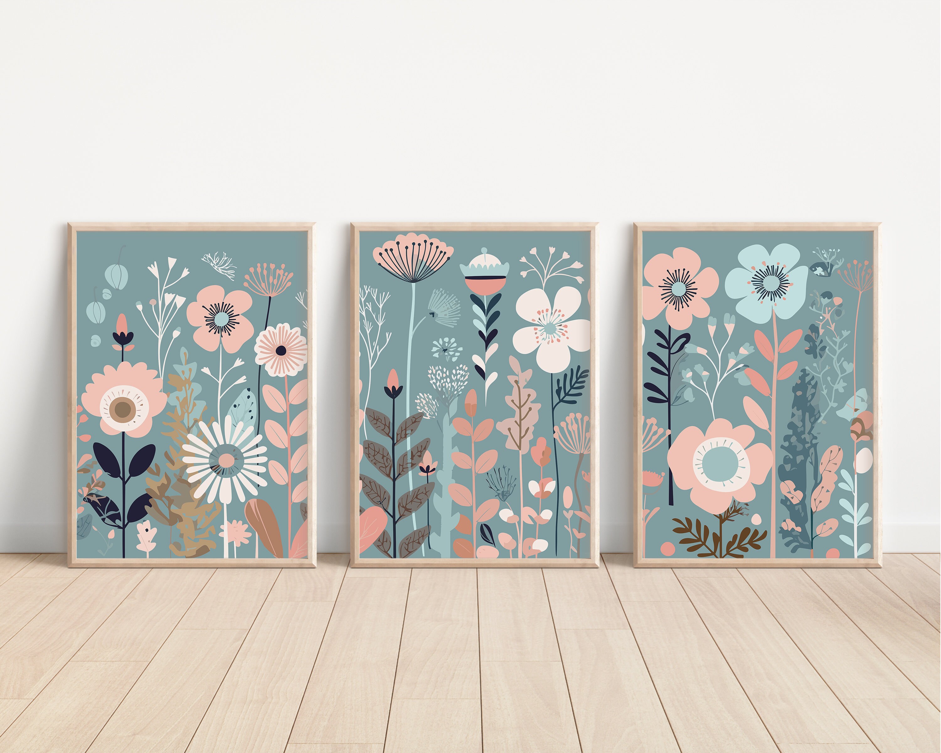 Boho Wild Flowers Wall Art Set of 3, Bohemian Wildflowers 3 Piece Wall Art Set, Floral Wall Decor, Modern Decor Blue Aqua Orange Green Teal