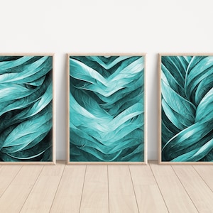 Aqua Swirls Wall Art Set of 3, Printable Wall Art Bundle, aesthetic room decor, Apartment Decor, AI Abstract Art, aqua jade green teal black