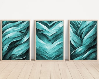 アクア渦巻き壁アート 3 点セット、印刷可能な壁アート バンドル、美しい部屋の装飾、アパートの装飾、AI 抽象アート、アクア ジェイド グリーン ティール ブラック