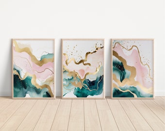 Blush Teal Gold Watercolor Wall Art Set of 3 Piece Wall Art Printable Bundle of 3 Pink Apartment Decor Teal Aesthetic Room Decor