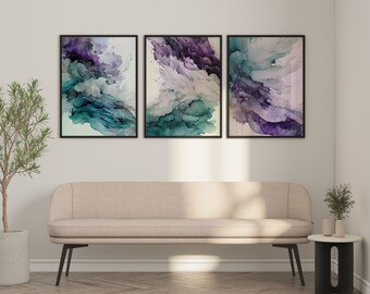 Teal Purple Watercolor Print Set, Modern Abstract Wall Art (Digital Download)