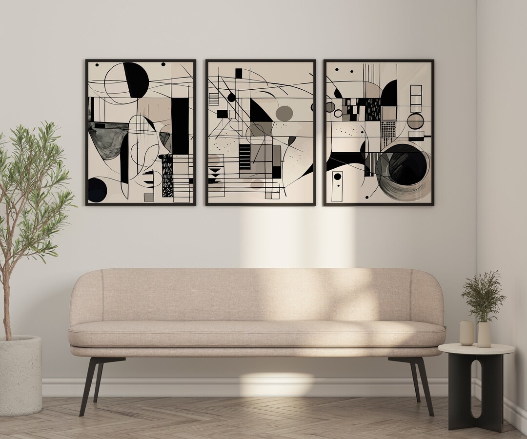 Mid Century Modern Printable Wall Art Set of 3 Black and Tan Abstract ...