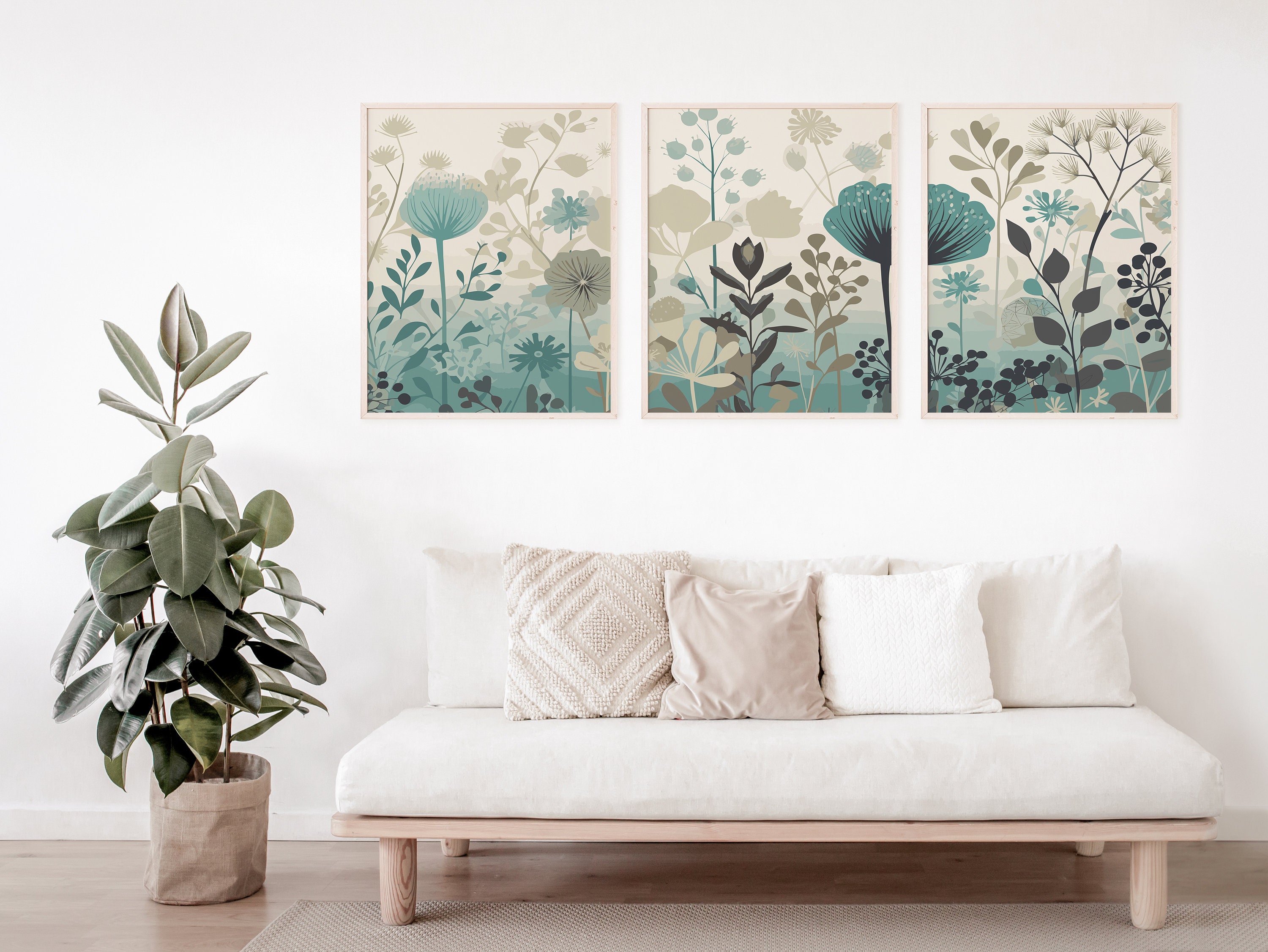Boho Wild Flowers Wall Art Set of 3, Bohemian Wildflowers 3 Piece Wall ...