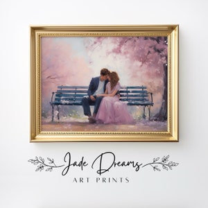 Vintage Lovers on Park Bench Wall Art Printable Digital Download, Wedding Gift Couple Painting Woman Pink Dress Flower Romantic Spring Print