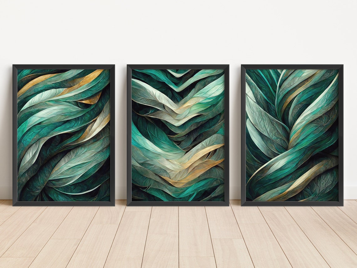 Green Abstract Wall Art Set of 3 Piece Wall Art Emerald Green Printable ...