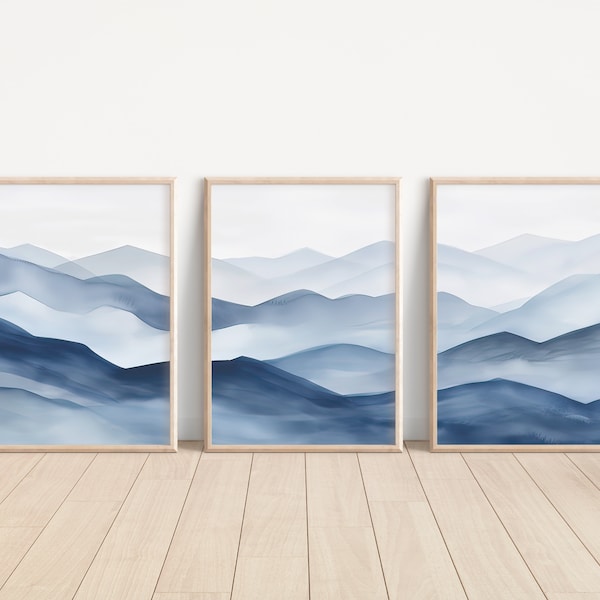 Blue Ridge Mountains Wall Art Set of 3 Piece Wall Art Prints Modern Decor Navy Abstract Mountains Minimalist Blue Ombre Watercolor Landscape