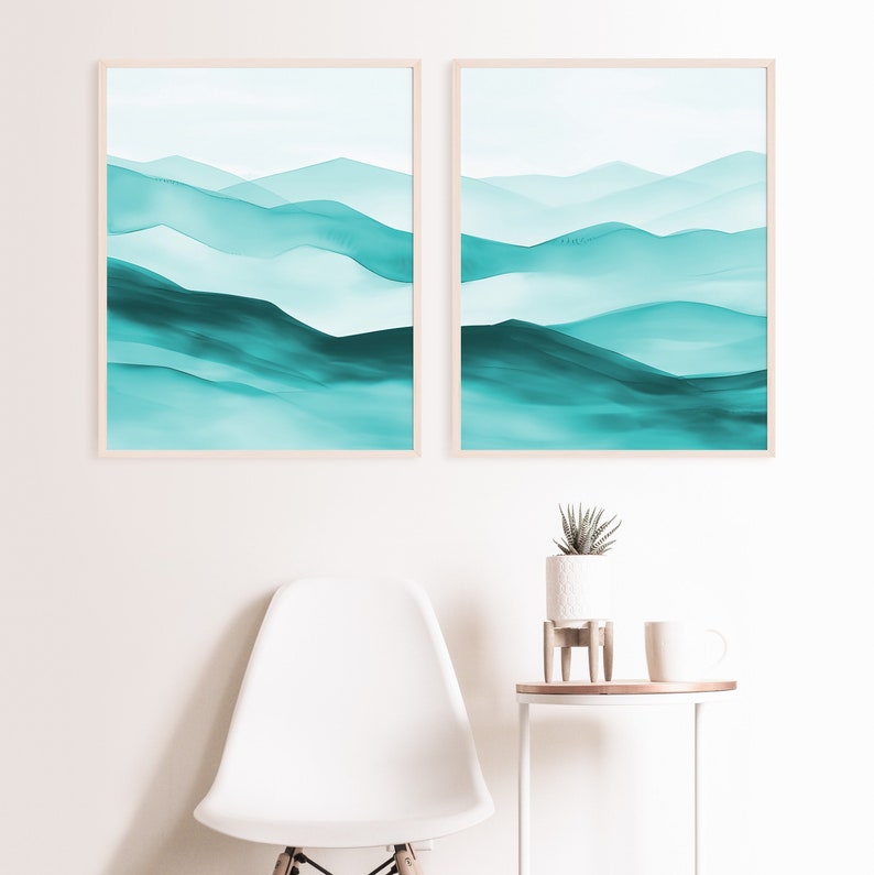 Teal Ombre Mountains Wall Art Set of 2 Piece Wall Art Prints Etsy