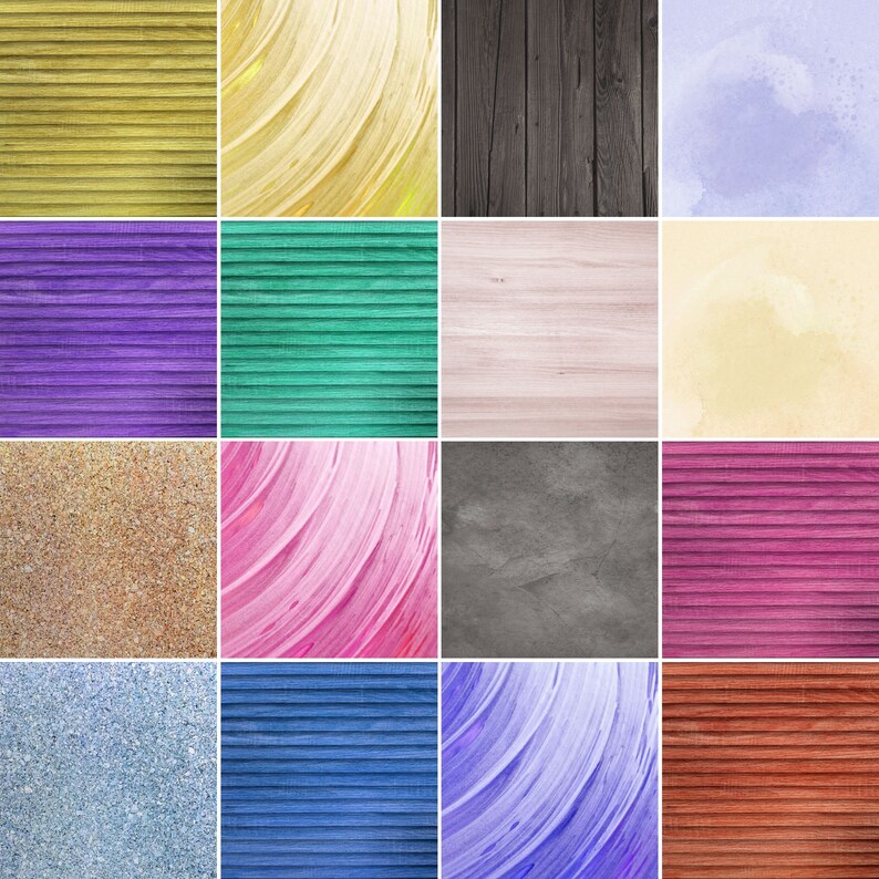 May include: A collage of 12 different textured backgrounds. The textures include wood, fabric, and paint. The colors are a mix of bright and muted tones.