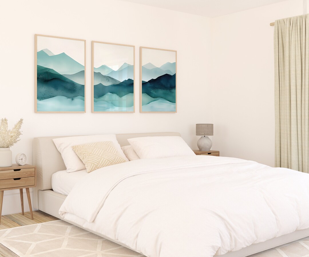 Teal Landscape Wall Art Set of 3 Piece Wall Art Prints Teal Watercolor