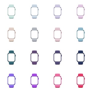 May include: A collection of 16 smartwatches in various colors, including light blue, pink, purple, teal, and navy blue. The watches have a square face and a black screen.