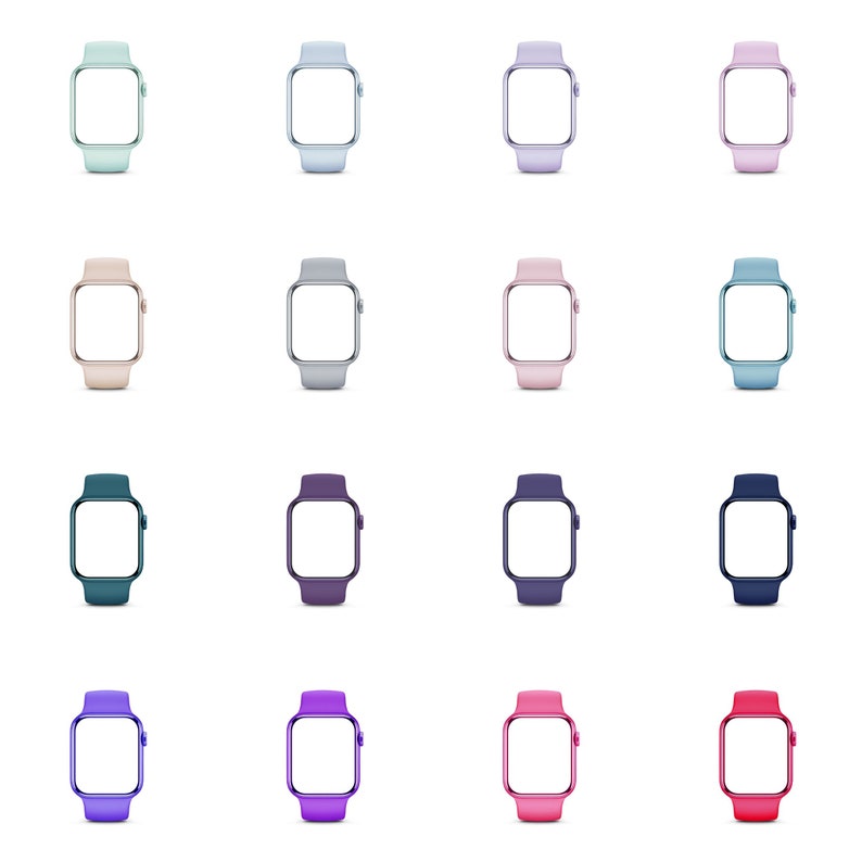 May include: A collection of 16 smartwatches in various colors, including light blue, pink, purple, teal, and navy blue. The watches have a square face and a black screen.