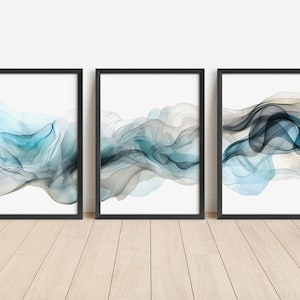 Teal Smoke Wall Art Set of 3 Piece Wall Art Blue Wall Decor Minimalist Wall Art Teal Ombre Art Print Teal Modern Decor Teal Wall Art Set
