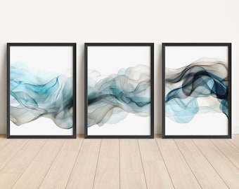 Teal Smoke Wall Art Set of 3 Piece Wall Art Blue Wall Decor Minimalist Wall Art Teal Ombre Art Print Teal Modern Decor Teal Wall Art Set