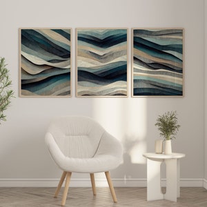 Marine Tan abstracte muurkunst set van 3 stuk kunstafdrukken Marine appartement decor Marine abstracte muur kunst Marine blauwe muur kunst print Marine modern decor