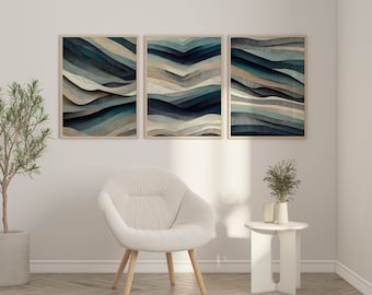 Navy Tan Abstract Wall Art Set of 3 Piece Art Prints Navy Apartment Decor Navy Abstract Wall Art Navy Blue Wall Art Print Navy Modern Decor