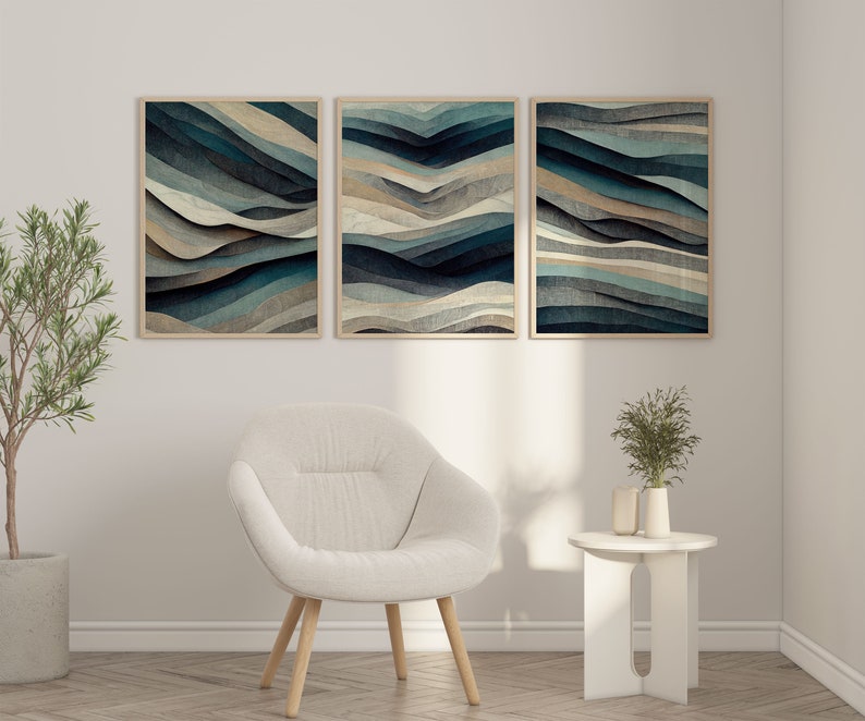 Neutral Beige Blue Abstract Wall Art Set of 3 Piece Art Prints Navy ...