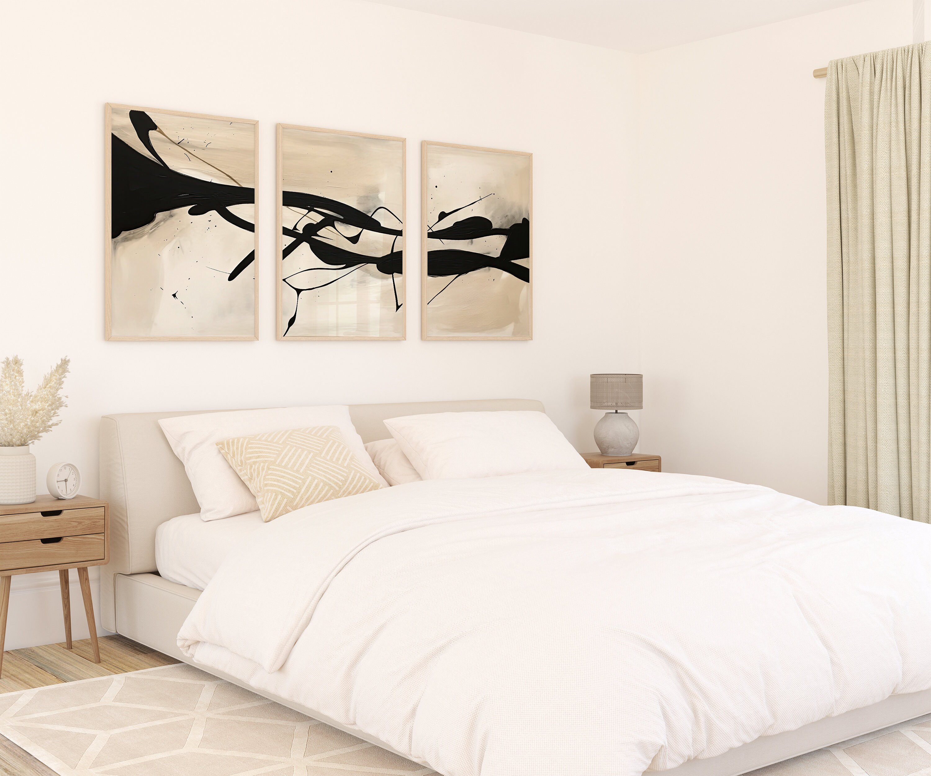 Modern Neutral Abstract Printable Wall Art Set of 3 Black and Ivory ...