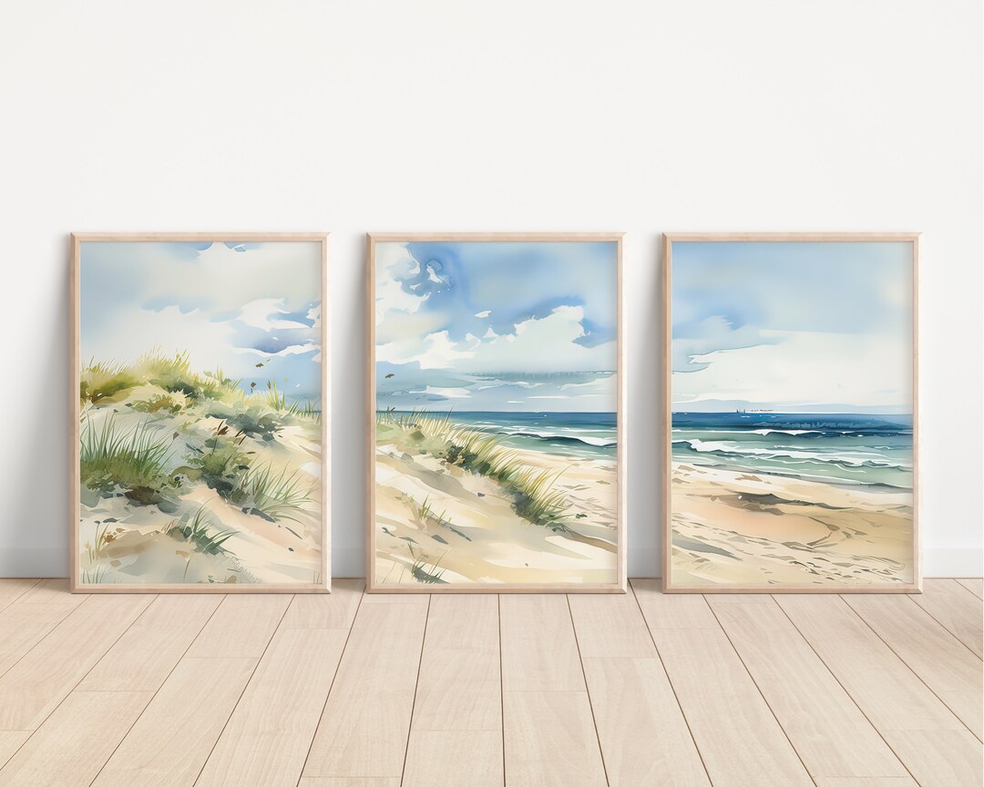 Beach Watercolor Wall Art Set of 3, Printable Coastal Wall Decor ...