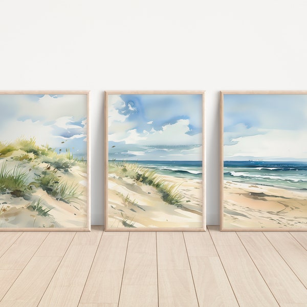 ビーチ水彩画ウォールアート 3 点セット、印刷可能な海岸壁装飾、ミニマリストの海の風景プリント、砂丘ビーチバケーションホーム Airbnb