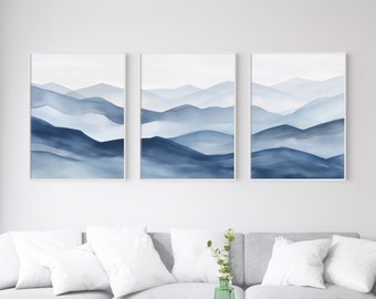 Blue Mountain Wall Art Set de 3 piezas de arte de pared imprime montañas abstractas azules minimalista azul ombre acuarela paisaje azul marino arte de pared