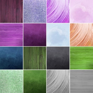 May include: A collage of 16 different textures and patterns, including wood, glitter, paint, and fabric. The textures are arranged in a grid pattern, with each square containing a different texture.