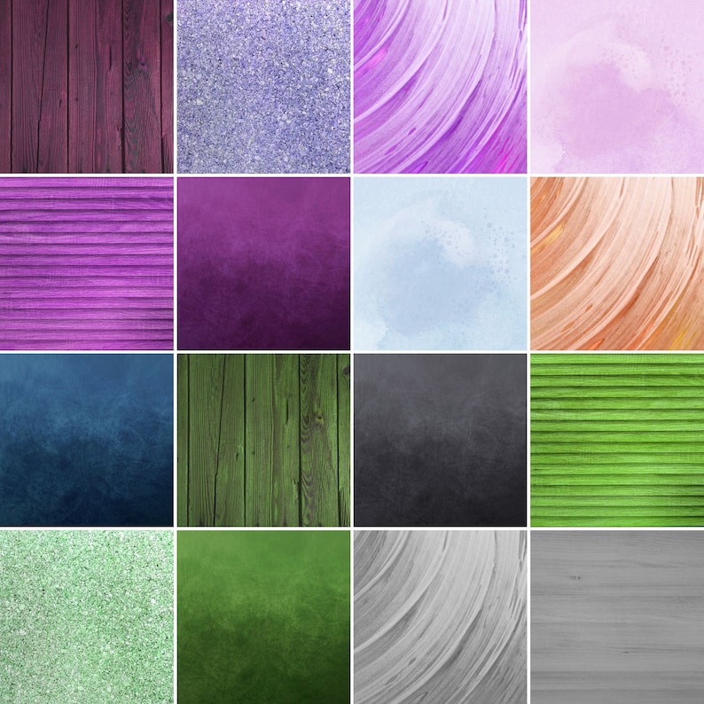 May include: A collage of 16 different textures and patterns, including wood, glitter, paint, and fabric. The textures are arranged in a grid pattern, with each square containing a different texture.